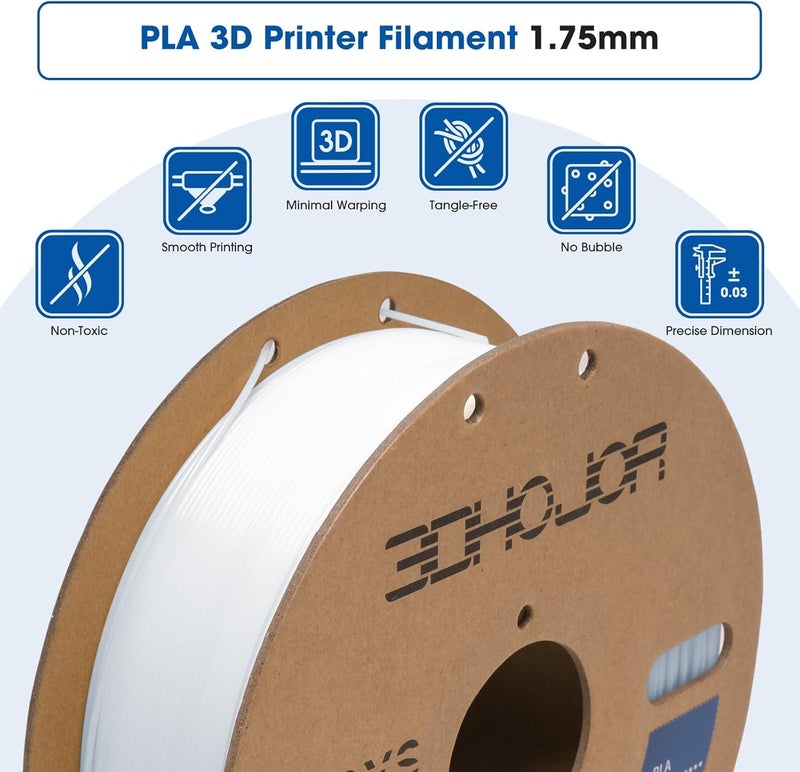 3DHoJor خيوط PLA بقطر 1.75 مم، خيوط طباعة ثلاثية الأبعاد، 1 كجم * 2 بكرة كرتونية، تناسب معظم طابعات FDM ثلاثية الأبعاد، دقة الأبعاد +/- 0.03 مم، تعبئة فراغ - 2 عبوة باردة بيضاء - Image 2